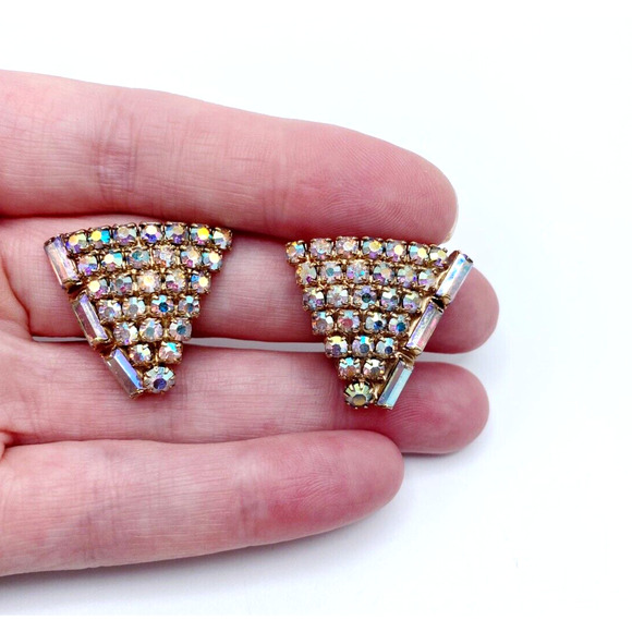 Vintage AB Rhinestone Clip On Earrings Round Baguette Gold Tone 50s 60s Stunning - Picture 3 of 6